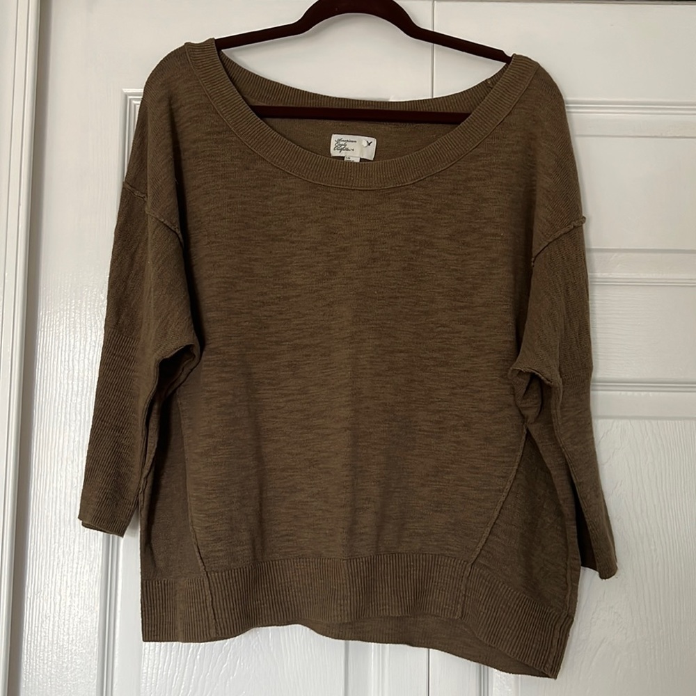 American Eagle Green Knit Sweater Size L Oversized Crew Neck 3/4 Sleeve